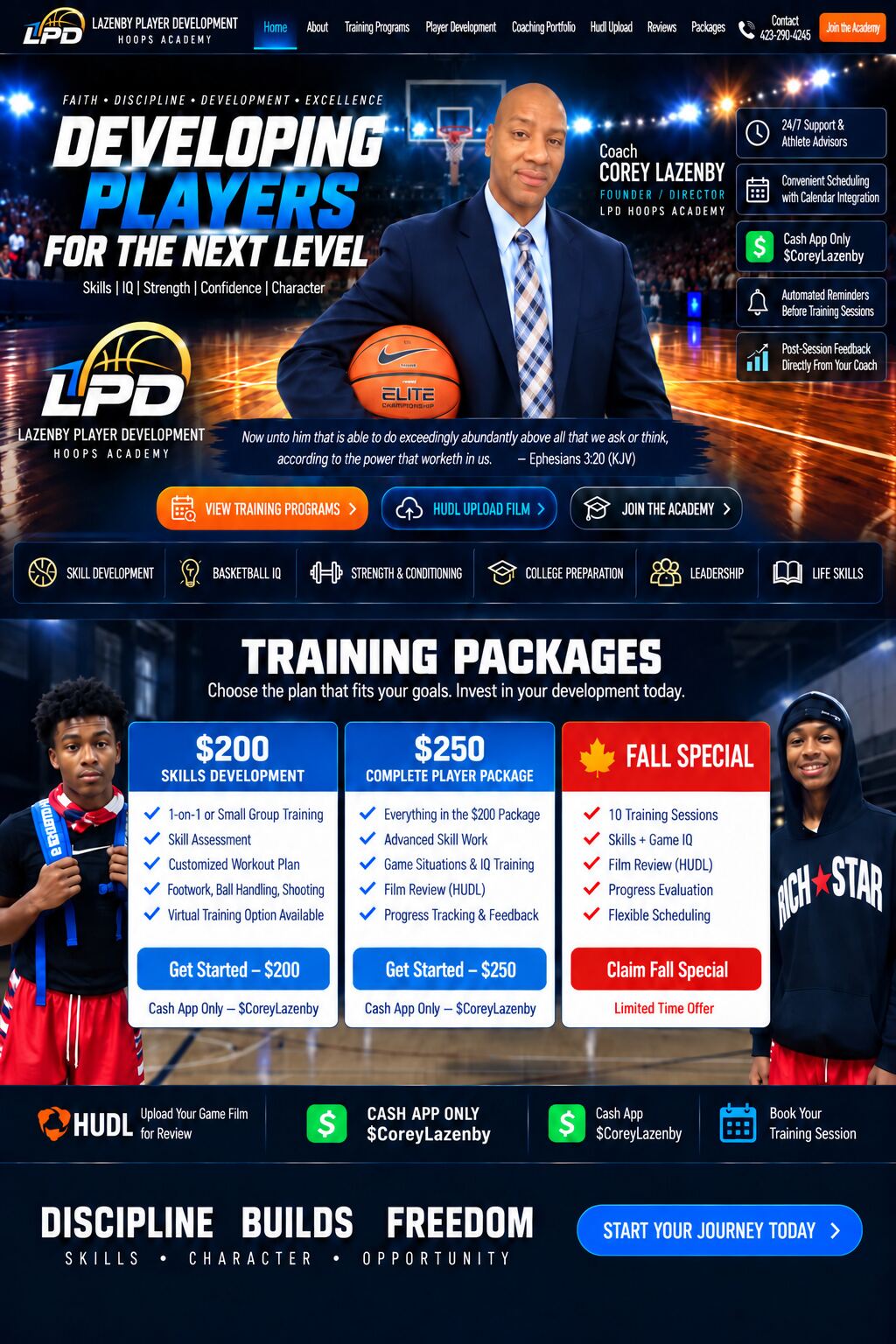 Original LPD hero artwork featuring Coach Corey Lazenby with a basketball